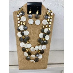 3-Strand Black, White, and Gold MOP (Mother of Pearl) Multi-Strand Necklace Set