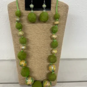 Lime Green Wax Cord Necklace & Earring Set with Wooden Yarn Beads