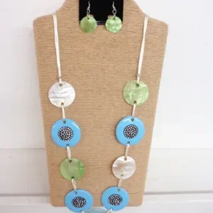 2-Strand Natural Wax Cord Necklace with Round Blue, Green, and Natural Wood Beads