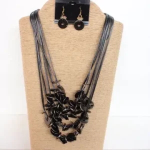 10-Strand Black Wax Cord Necklace with Kabibi Shells and Wood Beads