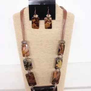4-Strand Brown Wax Cord Necklace with Rectangular Shells and Resin Pendants