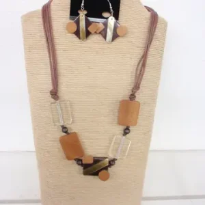 4-Strand Brown Adjustable Wax Cord Necklace with Rectangular Wood and Shell Accents