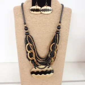 Black Wax Cord Necklace with Black and Gold Wood Beads and Oval Resin Pendant