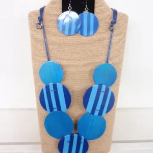 Blue Cord Necklace Set with Blue Round Wood Beads and Stripe Designs