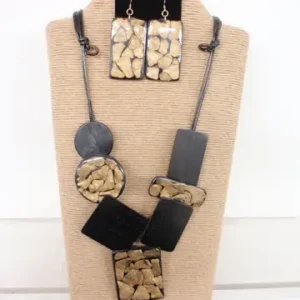 Adjustable Black Wax Cord Necklace with Assorted Black and Gold Wood Shapes