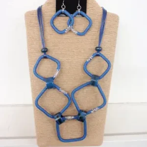4-Strand Blue Wax Cord Necklace with Blue and Silver Five Square Synthetic Accents