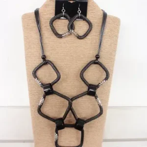 4-Strand Black Wax Cord Necklace with Black and Silver Five Square Accents