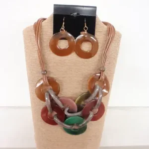 6-Strand Brown Wax Cord Necklace with Seven Multi-Color Round Horn Accents