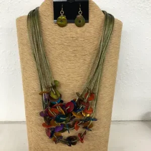 10-Strand Green Wax Cord Necklace with Multi-Color Round Disk Kabibi Shell Accents