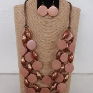 Brown Wax Cord Necklace with Three Strands Round Wood and Gold Accents