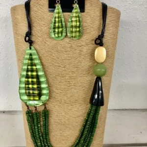 4-Strand Black Adjustable Wax Cord Necklace with Green Teardrop Resin Pendant