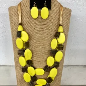 4-Strand Yellow Cord Necklace with Yellow and Black Accents & Matching Earrings