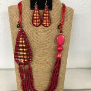 4-Strand Red Adjustable Wax Cord Necklace with Red Beads and Resin Accents & Matching Earrings