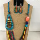 4-Strand Turquoise Adjustable Wax Cord Necklace with Multi-Color Beads & Matching Earrings
