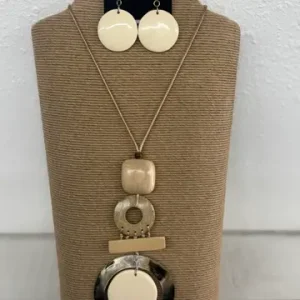 Natural Wax Cord Necklace with Wooden Beads and Dangling Donut Black Lip Shell Accents