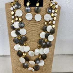 3-Strand Gold & Shell Necklace with Black Lip Shell – Multi-Strand Jewelry Set