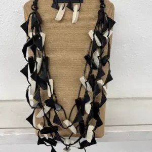 4-Strand Black Wax Cord Necklace with Black & White Irregular Shapes and Matching Earrings