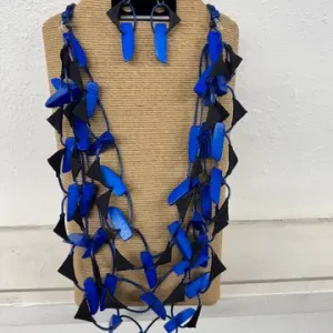 4-Strand Adjustable Blue Wax Cord Necklace with Irregular Wooden Shapes & Matching Earrings