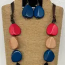 4-Strand Dark Brown Wax Cord Necklace with Multi-Color Wooden Drops & Matching Earrings