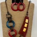 4-Strand Dark Brown Adjustable Wax Cord Necklace with Multi-Color Rings & Matching Round Earrings