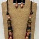 4-Strand Dark Brown Wax Cord Necklace & Matching Earring Set with Beaded Multi-Strand Design