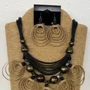 6-Strand Black Wax Cord Necklace with Brown Synthetic Leather and Beads & Matching Earrings