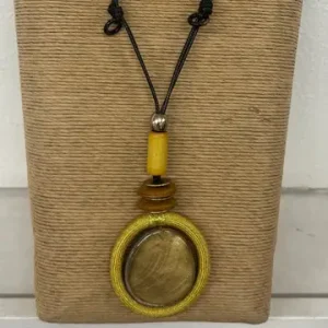 Black Wax Cord Necklace with Gold Oval Resin Pendant – Adjustable 4-Strand Design