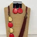 4-Strand Red and Gold Wooden Bead Necklace with Adjustable Wax Cord & Matching Earrings