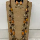 4-Strand Brown Wax Cord Necklace with Layered Beads & Matching Earring Set