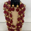 3-Strand Layered Red and Gold Beaded Necklace & Matching Earring Set
