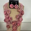8-Strand Pink Seed Bead Necklace with Round Wood Accents and Black Spots