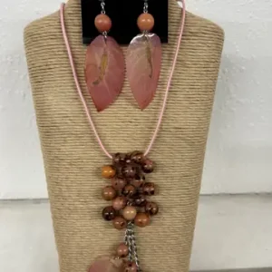Powder Pink Cord Necklace with Dangling Wood and Leaf Tassel Accents