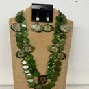 2-Strand Olive Green Necklace with Shell and Wood Flower Print Accents