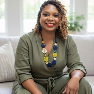 4-Strand Adjustable Blue Wax Cord Necklace with Blue & Yellow Multicolor Round Pieces with Matching Earrings