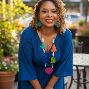 4-Strand Adjustable Turquoise Wax Cord Necklace with Multicolor Irregular Wood Shapes