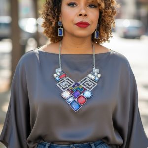 Bold Geometric Jewelry Set with Multicolor Stones – Necklace & Earring Set