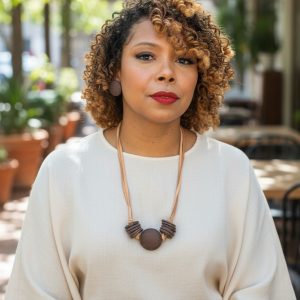 15" Two Strands Wax Cord with Brown Wood Choker Necklace & Earring Set