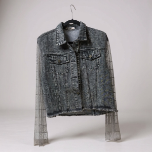 Statement Denim Jacket with Sparkly Details & Net Mesh Sleeves